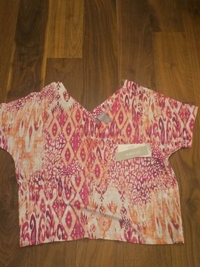 Chico's Pink and Orange Ikat V-Neck Top